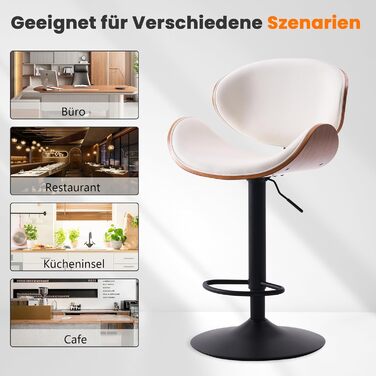 Барний стілець YOUTASTE з вигнутого дерева, 1 шт., 360° обертання, з підлокітником та підніжкою, PU-шкіра, білий