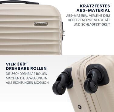 Набір валізWITTCHEN 3в1: велика, середня, маленька. Жорсткий корпус ABS, 4 колеса, кодовий замок. Підходить для Lufthansa, Eurowings, Ryanair, Condor. Бежевий колір.