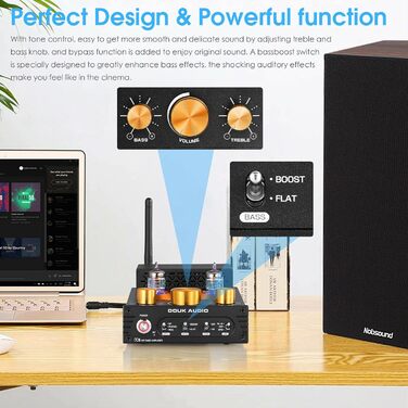 Ламповий підсилювач Douk Audio X1, HiFi Bluetooth 5.0, GE5654, MM Phono, 160 Втx2, регулювання високих і низьких частот