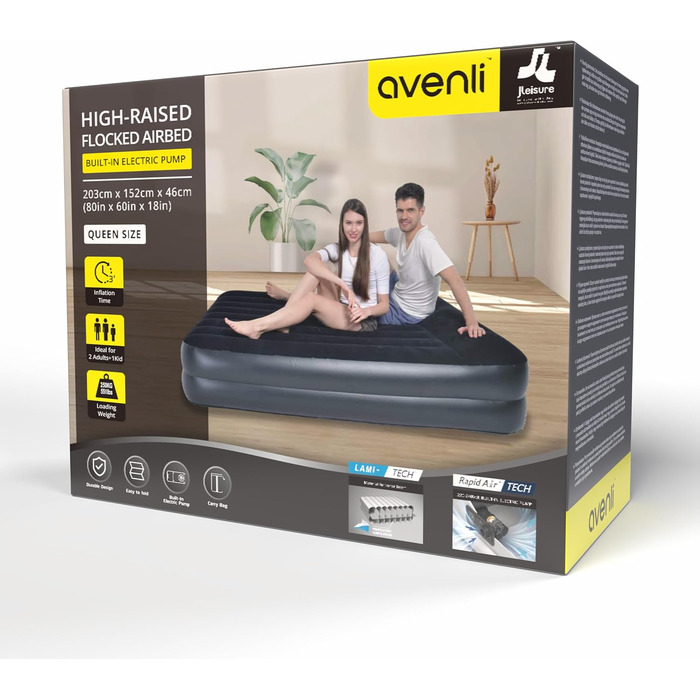 Надувний матрац-ліжко AVENLI для 2 осіб, 203x152x46 см, з інтегрованою помпою, флаокована поверхня, для дому та кемпінгу