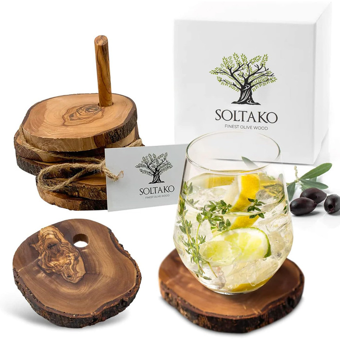 SOLTAKO підставки виготовлені з високоякісного оливкового дерева, натуральне та необроблене, сільське, кругле, діаметр приблизно 12 см, в комплекті, 6 шт.