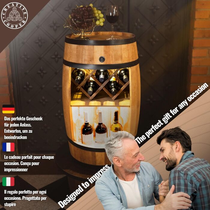 Дерев'яний бочонок-бар Fass від Creative Cooper: полиця для вина з LED підсвічуванням, 80x50 см, рустикальний дизайн, для дому