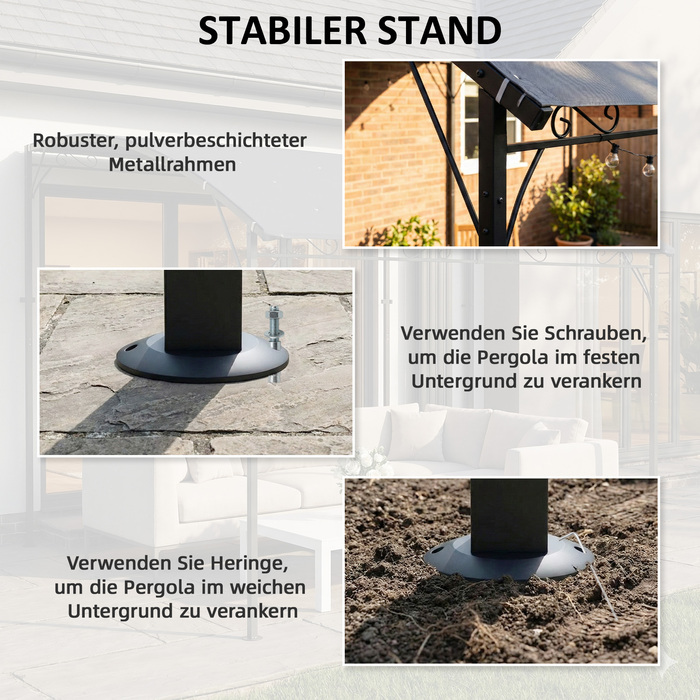 Пергола з металевим каркасом та дахом, стійка до погодних умов, настінна, сірого кольору, розміром 2,86 x 3,84 x 2,52 м