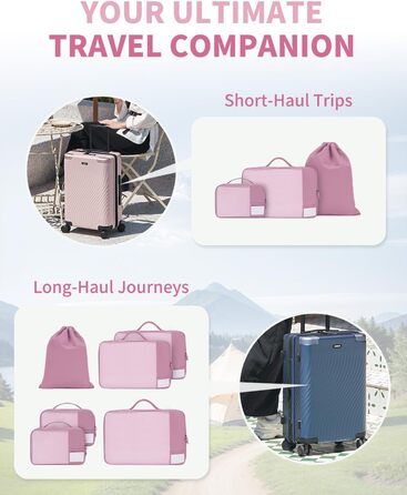 Набір органайзерів для валізи ECOHUB, 6 шт. — Подорожні сумки-кубики з ID-тегами, дихаючі легкі органайзери для одягу та рюкзака з перероблених матеріалів (Темно-рожевий)