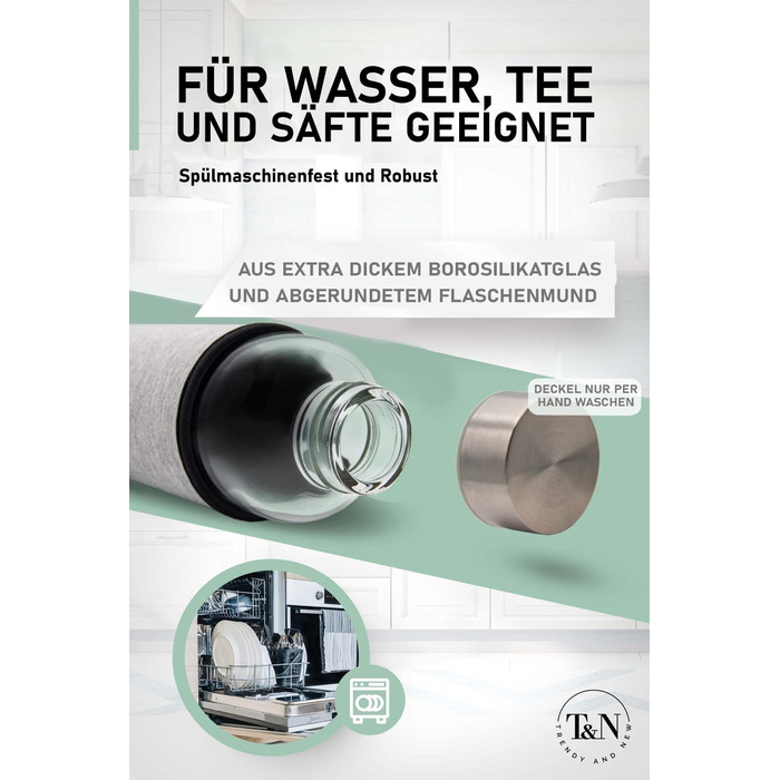 Скляна пляшка t & N об'ємом 1 літр / 750 мл / 500 мл - скляна пляшка для пиття об'ємом 1 л з неопреновою кришкою-пляшка для води об'ємом 1000 мл-герметична скляна пляшка для пиття з більш товстого боросилікатного скла (нержавіюча сталь / спортивний сірий 