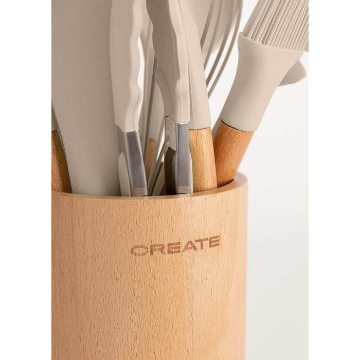 Набір кухонних аксесуарів 11 предметів, кремово-білий, силікон та бука, BPA-free, стійкий до 230°C