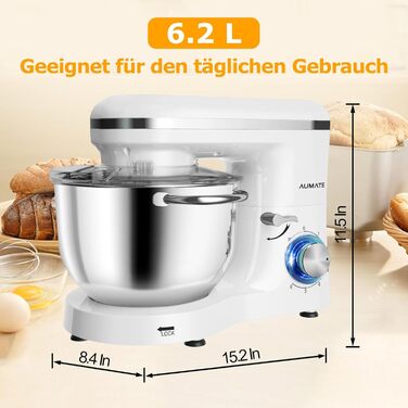 Кухонна машина AUMATE 1400W з міксером, гаком для тіста та набором насадок (6.2 л, порцеляна)