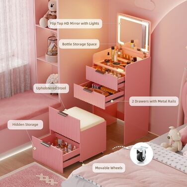 Трюмо Lvifur з LED-дзеркалом та 3 шухлядами, кутовий, для спальні, квартири, гуртожитку, білий (рожевий)