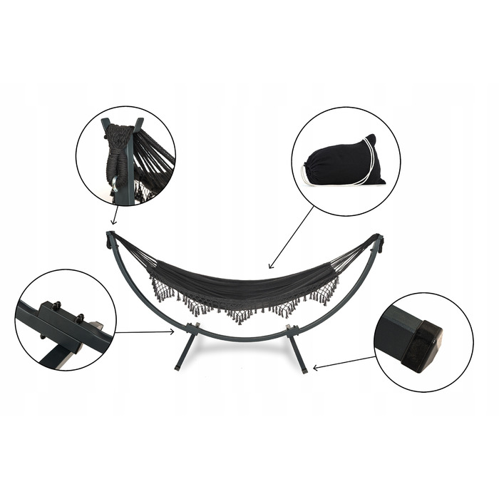 Двомісний гамак SandTropic чорний, тканинний, з металевим стійкою-каркасом, навантаження до 220 кг
