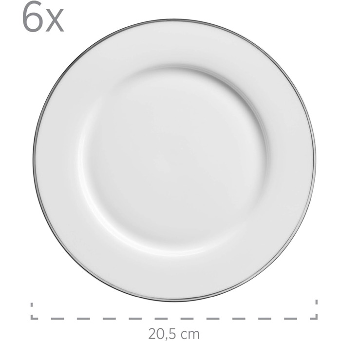 Порцеляновий професійний набір обідніх тарілок із 12 предметів для 6 осіб у білому кольорі (срібний обідок, кавовий сервіз), 931533