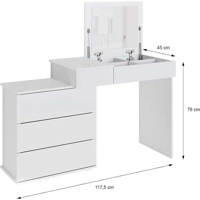 Туалетний столик ML-Design білий, туалетний столик з відкидним дзеркалом, 4 ящика, 4 відділення, 117,5x78x45 см