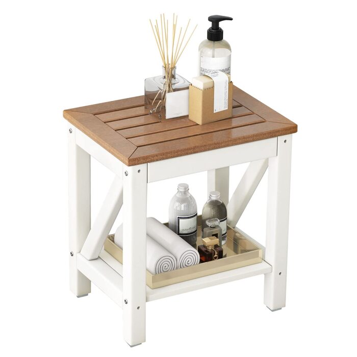 Двоярусна душова лавка GOPLUS з місцем для зберігання, душовий стілець для ванної кімнати, білий та коричневий (43 x 32 x 47 см)