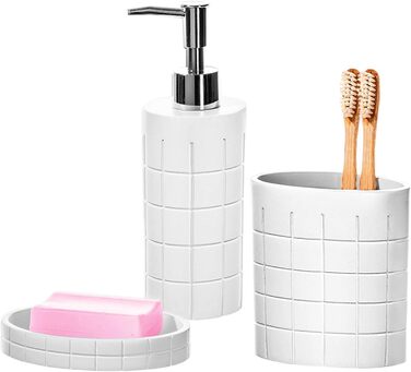 Набір аксесуарів для ванної кімнати, 6 предметів: дозатор для мила, тримач для зубних щіток, стакан, мильниця, тканинна накладка та сміттєвий бак. Сучасний дизайн