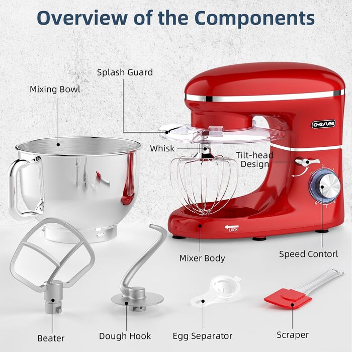 Кухонна машина Cheflee 2000W з місткістю 6.2л, нержавіюча сталь, 6 швидкостей, низький шум, насадки для замішування та збивання, для тіста та крему