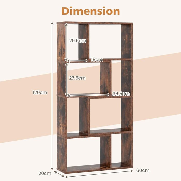 Стелаж GIANTEX з 8 секціями, 60 x 20 x 120 см, з кріпленням від перекидання, для вітальні та дитячої кімнати (білий/коричневий)