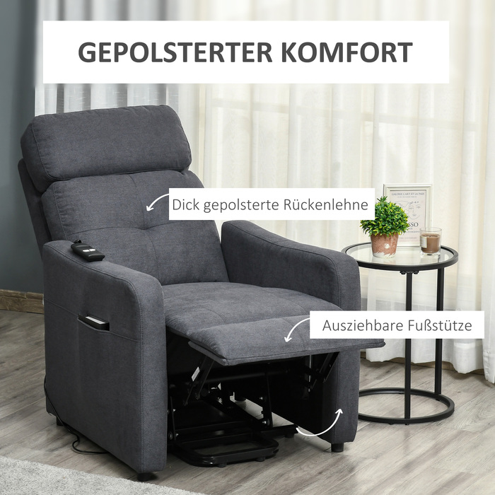 Крісло для телевізора HOMCOM Recliner з функцією відкидання та допоміжним засобом для стоянки, поліестерова тканина, сталь, сірий, 71 x 94 x 104 см для зручного сидіння