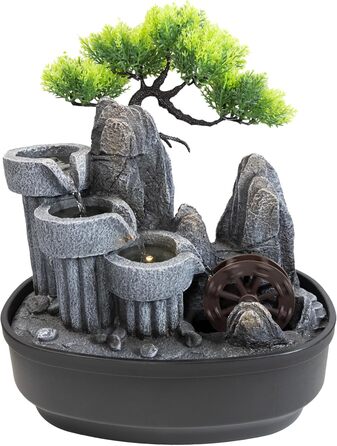 Кімнатний фонтан Lemodo Zimmerbrunnen LED 3-рівневий, з підсвіткою, для дому, офісу, вологостійкий, 27x19x33 см (Водяне колесо)