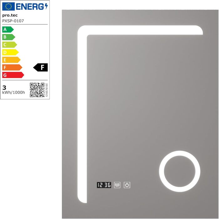 Дзеркало для ванної кімнати pro.tec LED Chambave з підсвічуванням, 3 кольори світла, вертикальне, для макіяжу, прямокутне, 60 x 80 см, срібне, антизапарююче, з лупою та годинником