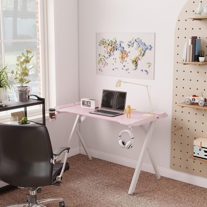 Ігровий стіл YRHome з RGB-підсвічуванням та підставкою для навушників та стаканом. Білий (120x60x75см, Рожевий)