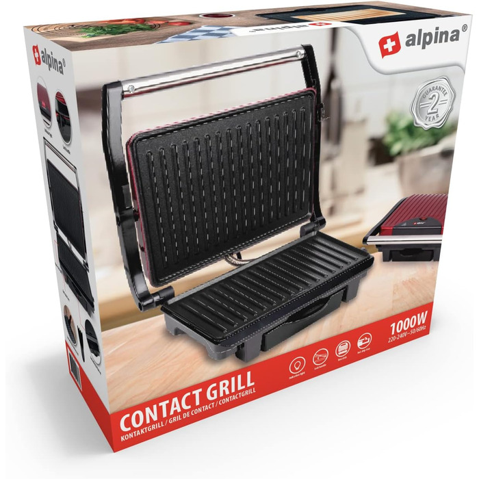 Контактний гриль Alpina Optigrill 2100W: для сендвічів, паніні, овочів, м'яса. Антипригарне покриття, інтелектуальні режими приготування, BPA-Free, чорний