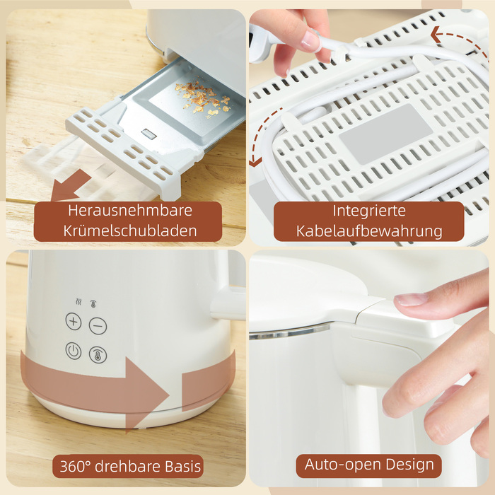 Набір кухонних приладів: чайник та тостер, 7 рівнів підсмажування, швидке кип'ятіння, нержавіюча сталь, пластик, білий