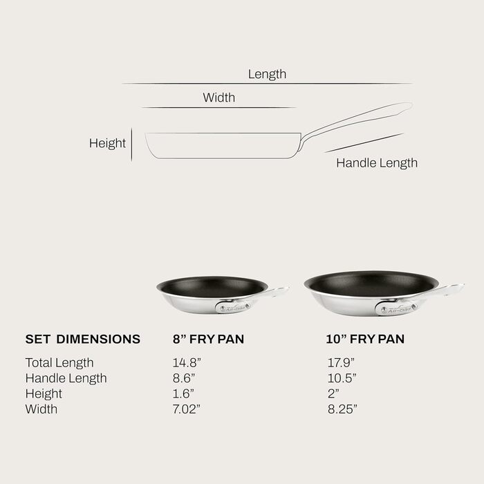 Набір сковорідок All-Clad Pro з нержавіючої сталі з антипригарним покриттям, 20.3 см та 25.4 см, сумісні з індукцією, для духовки та гриля до 260°C, професійне кухонне начиння, сріблястий нержавіюча сталь, чорне покриття, 2 шт.