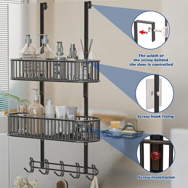 Настінна поличка для душу без свердління, чорна, для скляних душових кабін, регульована висота, 3 гачки, для шампуню та гелю для душу