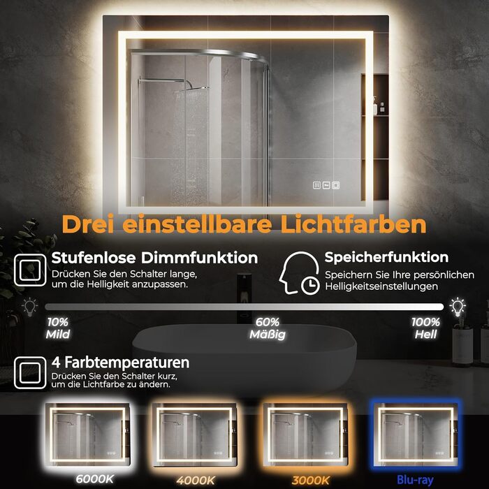 LED-дзеркало для ванної кімнати з підсвічуванням 70x50 см, 4 мм без міді, сенсорне керування, регулювання кольору світла, протизапітніння, Smart-дзеркало