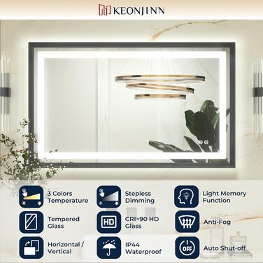 Дзеркало для ванної кімнати Keonjinn з підсвічуванням, металевий каркас 50x70 см, антизапар, LED, сенсорне керування, 3 кольори світла, диммування, пам'ять, настінне дзеркало (Чорний, 60 x 100 см)