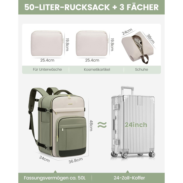 Рюкзак LOVEVOOK для ручної поклажі в літак, 40L, великий, для жінок, водонепроникний, для ноутбука 17 дюймів, кофр-рюкзак для подорожей, роботи, бізнесу, Weekender, оливково-зелений, світло-бежевий, оливково-зелений