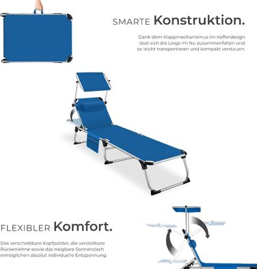 Шезлонг Tectake з дахом, шезлонг для балкона з алюмінію, складаний садовий шезлонг, стійкий до погодних умов, лежак для саду, кемпінгу та пляжу, регульована спинка, подушка для голови, бічна кишеня - сірий меланж (блакитний)