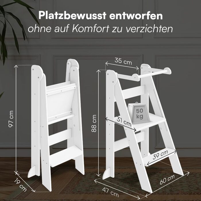 Bellabino Tay – Навчальний столик-лесенка для дітей від 1 року, білий, регульований, з захистом від перекидання, Монтессорі, з берези