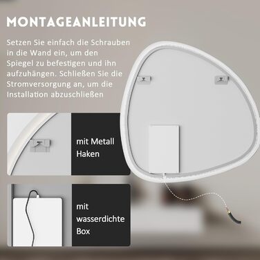 Дзеркало для ванної кімнати Badspiegel 70x50см з підсвічуванням 3 кольори, сенсорний вимикач, прямокутне, для ванної/вітальні, енергоклас A++