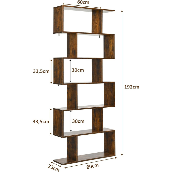 Книжкова шафа COSTWAY, 6 ярусів, окремо стояча, 192x80x23 см, вінтажний коричневий, для вітальні, спальні, офісу