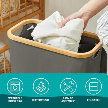 Кошик для білизни Youdenova з кришкою, 48л, вузький, з мішком для білизни, сортувальник, бамбук, білий