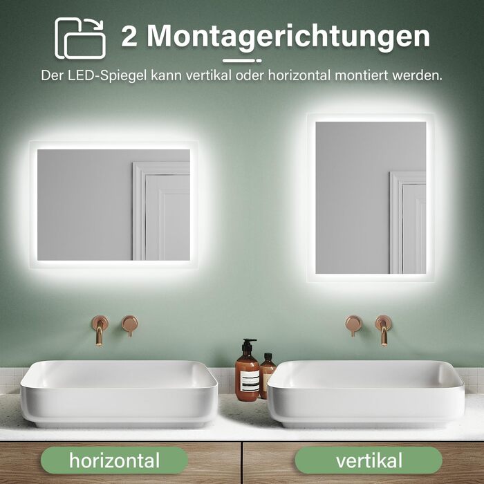 Дзеркало для ванної кімнати Badspiegel 80x60 з підсвічуванням, антизапотівальне LED, 3 колірні температури, IP44, настінне