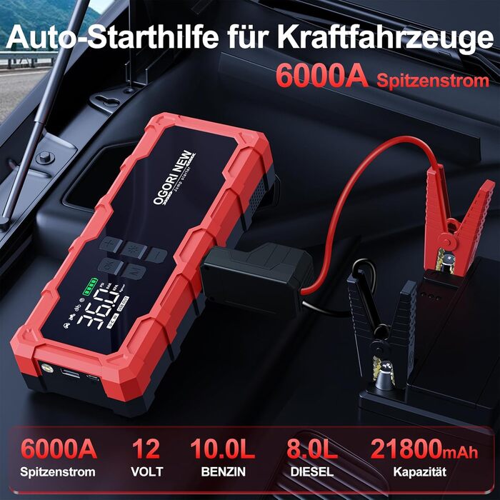 Powerbank для авто Starthilfe 6000A з компресором та LED-ліхтариком, 12V, для 8L бензину/10L дизеля