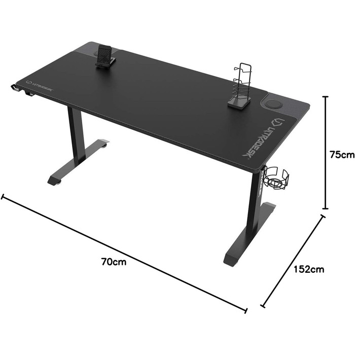 Ігровий стіл ULTRADESK Momentum, килимок розміру XXL, підставка для мобільного телефону, підстаканник, до 130 кг, чорний, 152.5x70 см