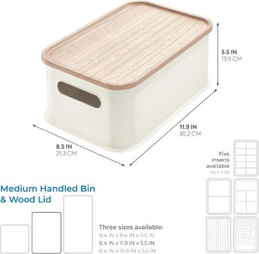 Коробка для зберігання iDesign, середня коробка для зберігання з ручками з переробленого пластику, що не містить бісфенолу А, контейнер-органайзер з кришкою з деревини павловнії, білий, поліпропілен, 13,6x21,6x30,5 см, 08611