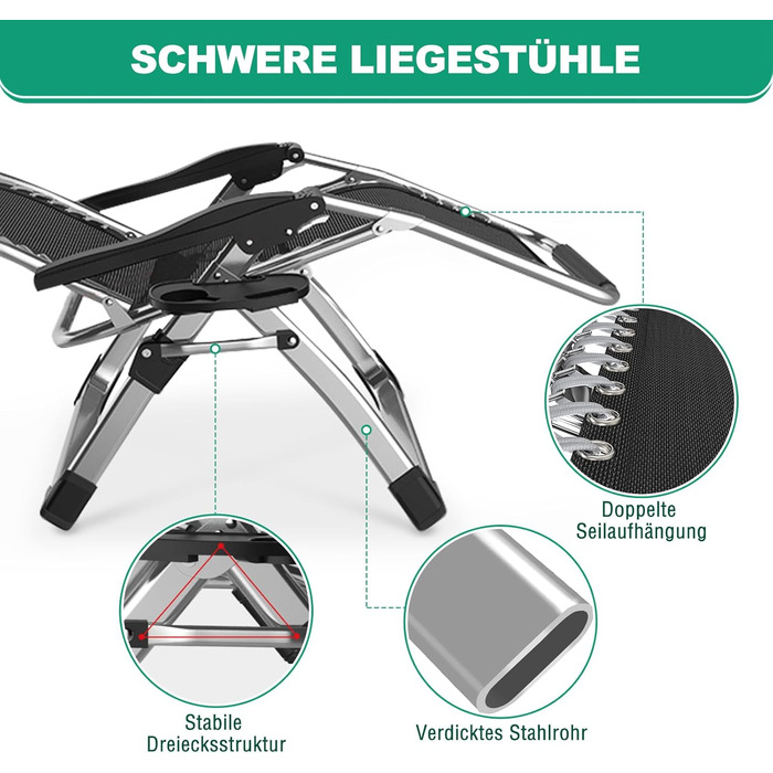 Шезлонг для відпочинку, розкладний, 200 кг, Zero Gravity, з подушкою, підстаканником, широкий, регульований, для саду, патіо, пляжу, басейну, сірий