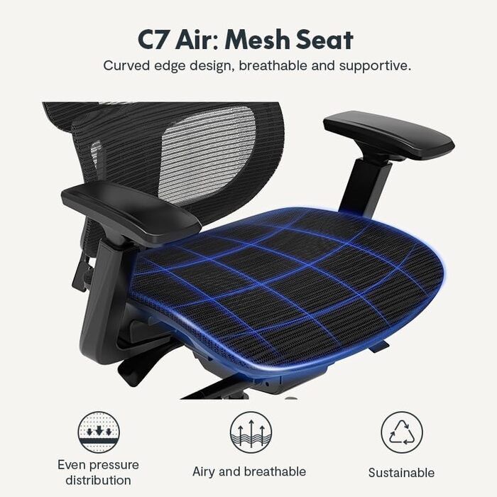 Офісний стіл FLEXISPOT з ергономічним кріслом, 3D підлокітники, 3D підголівник, 5D спинка, дихаюча сітка, до 130 кг, чорний (C7-Mesh)