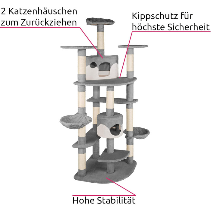 Кігтеточка для кішок tectake XXL для котів, з аксесуарами, лежачий лоток, 2 котячі печери, мотузка з сизалю, стеля висока - сірий/білий