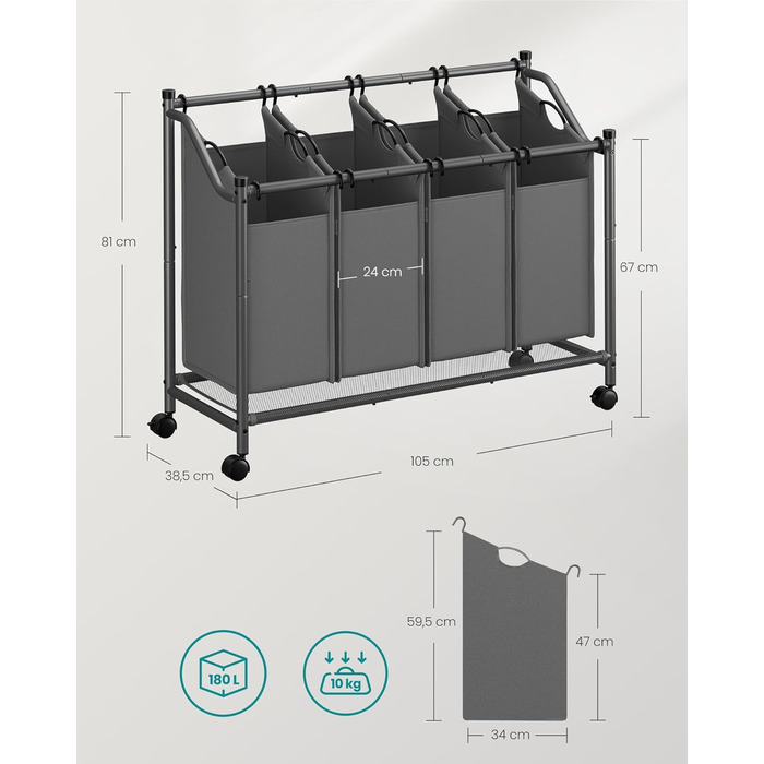 Кошик для білизни з колесами, 4 знімні мішки, 180 л, грифельно-сірий, для пральні/спальні/ванної кімнати