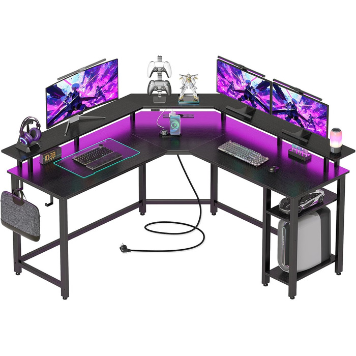 Комп'ютерний стіл Rolanstar L-подібний з RGB підсвічуванням та розетками, кутовий ігровий стіл, стіл для офісу, робочого кабінету, спальні (117 см, чорний, 137 x 137 x 87 см)