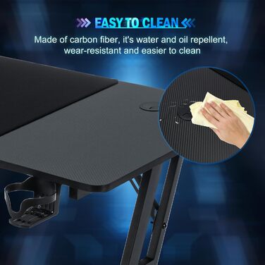 Ігровий стіл 120x60 см з А-подносінням, стіл для комп'ютера з тримачем для напоїв та гачком для навушників, карбонове покриття, стійкий, ергономічний для дому та офісу