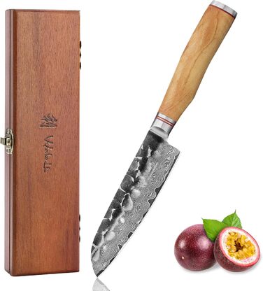 Японський ніж Santoku Wakoli Olive з дамаської сталі (серцевина VG10), 13 см – гострий та ергономічний – ніж з ручкою з оливкового дерева в подарунковій коробці, для овочів та фруктів