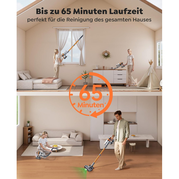 SMOTURE VAC04 Бездротовий акумуляторний пилосос, 50 000 Па потужність всмоктування, 65 хвилин роботи, самостійна підставка, гнучкий шланг, антизаплутувальна щітка, док-станція для зарядки, видалення шерсті тварин, килимів та твердих поверхонь