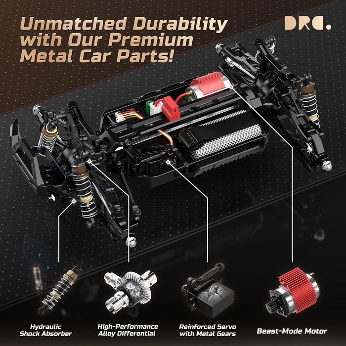 Радіокерований позашляховик DEERC 1:14 40 км/год, RC-трак 4x4 2.4 ГГц з LED-фарами, 2 акумулятори, іграшка для хлопчиків