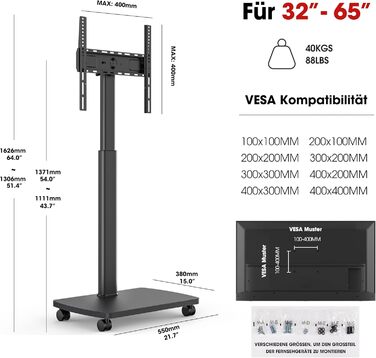 Підставка для телевізора на колесах з полицею, чорна, поворотна, регульована по висоті, VESA 400x400, для телевізорів 32-65 дюймів