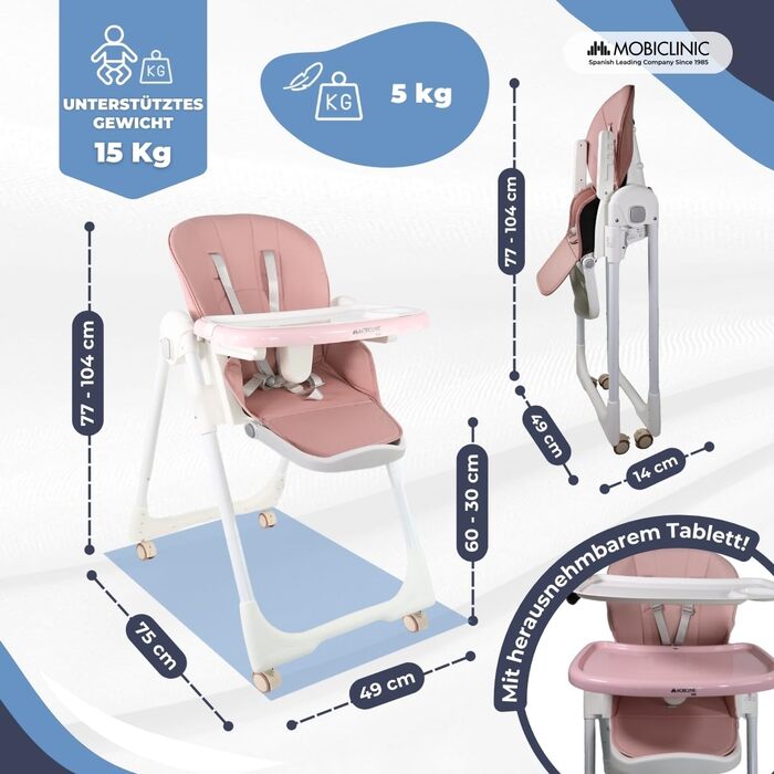 Дитячий стільчик для годування Mobiclinic® Kids, складаний, трансформується в стільчик для малюків, Simba, ремінь з 5 точками кріплення, колеса з гальмом, знімний піднос, текстиль знімний та пральний, зелений (рожевий)